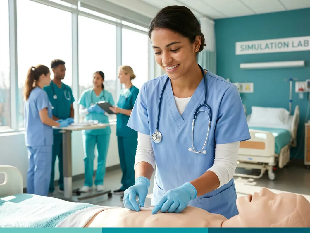Aluna do Curso Técnico em Enfermagem da Líber praticando procedimento em laboratório de simulação